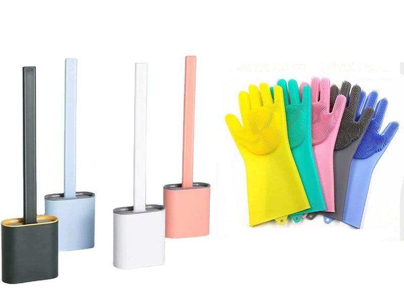 Atipriya Combo of Silicon Toilet Brush and Gloves Flexible Silicone Toilet Brush with Holder and Long Gloves with a Scrubber Both can be Used in Cleaning of Toilet Bathroom and Kitchen Utensils