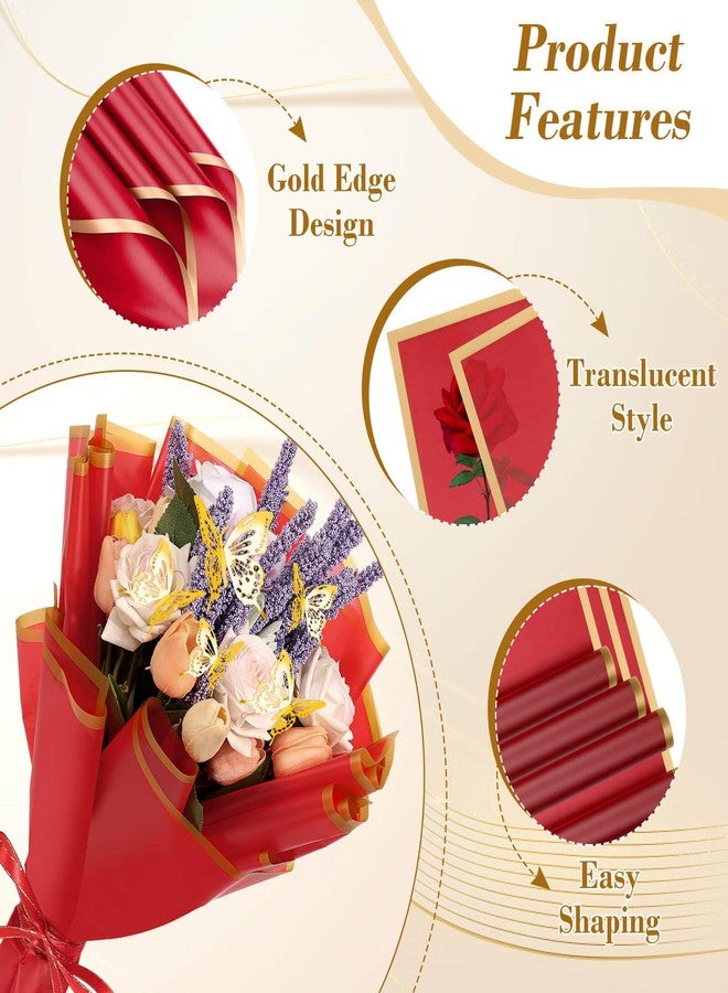 cridoz 20 Sheets Flower Bouquet Wrapping Paper with 12 Pieces Gold Butterfly Decorations for Flower Bouquets, Gift Wrapping(Red) - Image 3