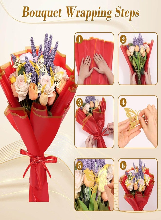 cridoz 20 Sheets Flower Bouquet Wrapping Paper with 12 Pieces Gold Butterfly Decorations for Flower Bouquets, Gift Wrapping(Red) - Image 5