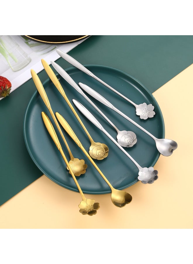 Stainless Steel Flower Spoon Creative Golden Coffee Mixing Spoon Dessert Flower Spoon Gift Spoon Hand Gift Spoon-Color:Golden Short Love - Image 2