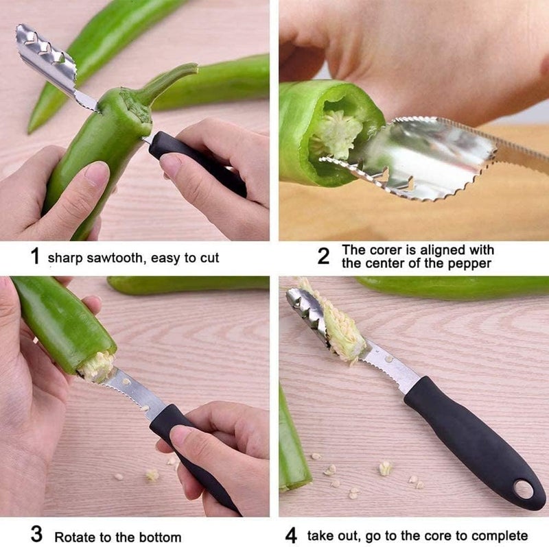 FIOTOK Jalapeno Corer Tool with Serrated Slice and Rubber Handle Easily Seed Remover or Slice off Vegetables tops for Efficient Cooking and Grilling - Image 3