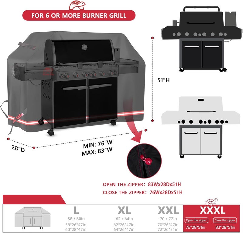Turtle Life BBQ Grill Cover, 76-83 Inch Adjustable Heavy Duty Waterproof 6 or More Burner Barbecue Gas Grill Covers for Weber Summit Series Royal Gourmet MG Series, Black - Image 2