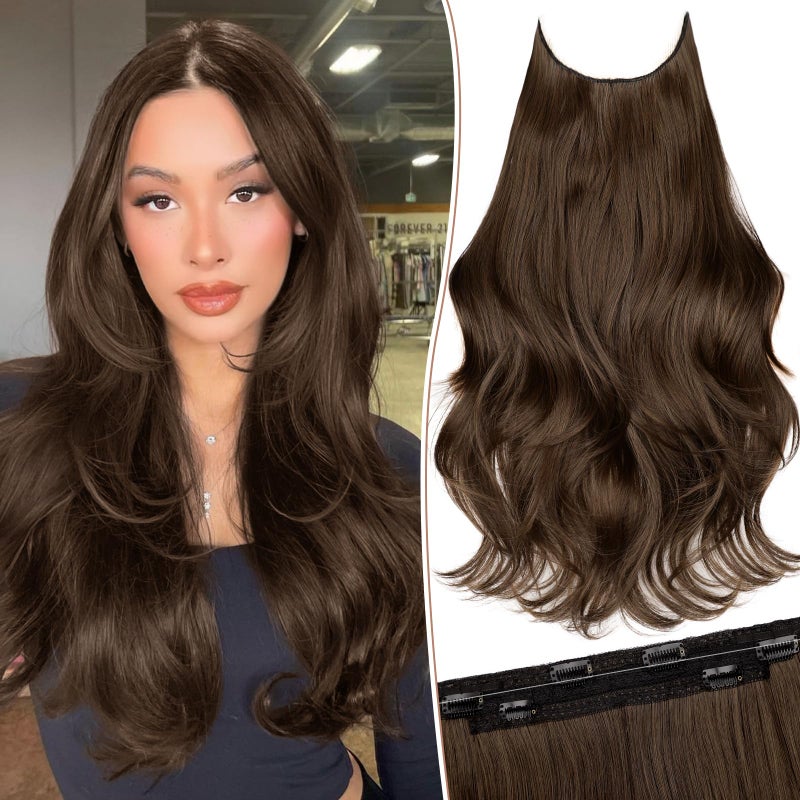 KooKaStyle Invisible Wire Hair Extensions Long Straight Layered Synthetic with Transparent Wire Adjustable Size 6 Secure Clips Hairpieces for Women 20 Inch (20 Inch, Medium Brown6/10#) - Image 1