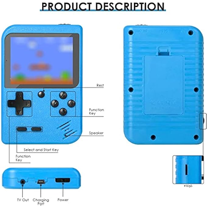 RETRO GAME CONSOLE, HANDHELD GAMES PORTABLE GAME PLAYER WITH 500 CLASSIC FC GAMES, 3.0 INCH SCREEN 800MAH RECHARGEABLE BATTERY SUPPORT TV CONNECTION & TWO PLAYERS FOR KIDS ADULTS (BLUE) - Image 4