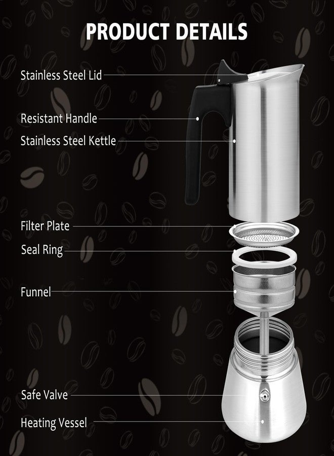 VONATES Stovetop Espresso Maker, 9 cup Moka Pot 450ml/15oz(Espresso Cup=50ml), Brushed Stainless Steel Espresso Coffee Pots, Italian Coffee Maker for Induction Cookers Hobs, Cafe Maker for Camping Home - Image 2