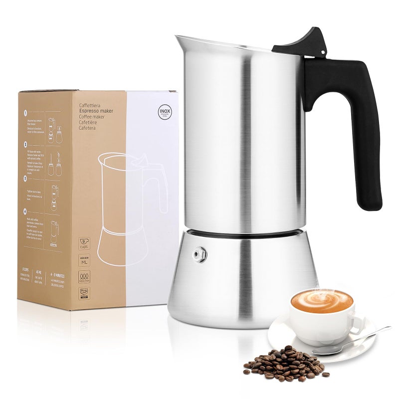VONATES Stovetop Espresso Maker, 9 cup Moka Pot 450ml/15oz(Espresso Cup=50ml), Brushed Stainless Steel Espresso Coffee Pots, Italian Coffee Maker for Induction Cookers Hobs, Cafe Maker for Camping Home - Image 1