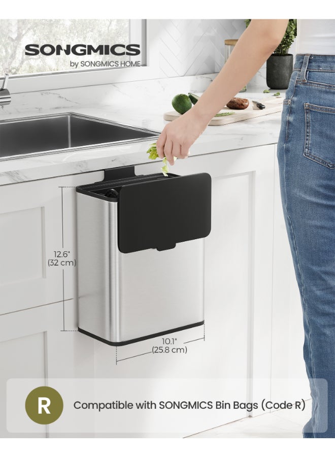 SONGMICS Hanging Kitchen Bin, 2.1-Gallon (8 L) Steel Trash Bin with Lid for Food Waste, Cabinet Door Hanging or Wall-Mounted with Hooks, for Under Sink, Bathrooms, Metallic Silver - Image 2