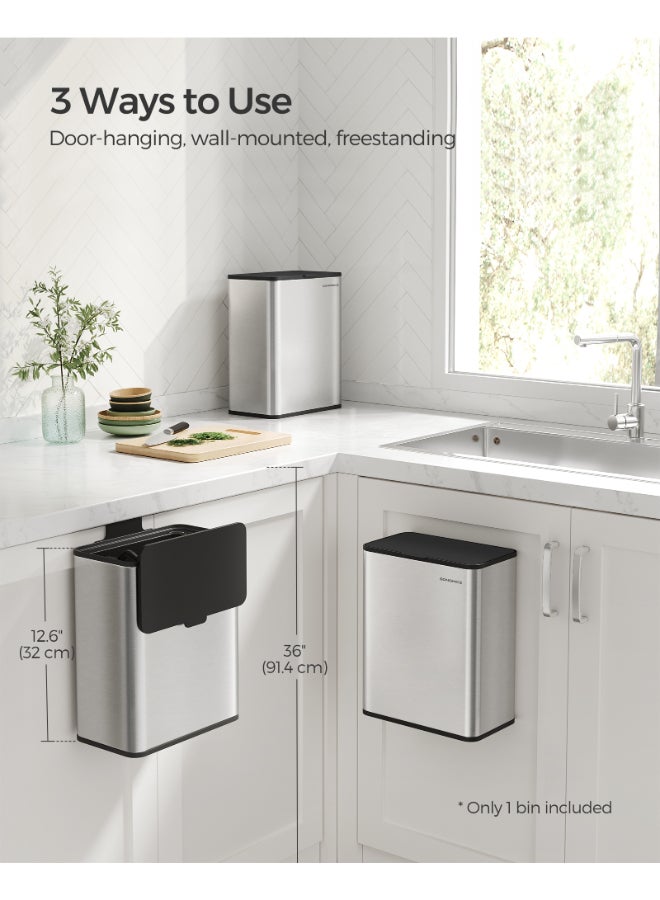 SONGMICS Hanging Kitchen Bin, 2.1-Gallon (8 L) Steel Trash Bin with Lid for Food Waste, Cabinet Door Hanging or Wall-Mounted with Hooks, for Under Sink, Bathrooms, Metallic Silver - Image 3