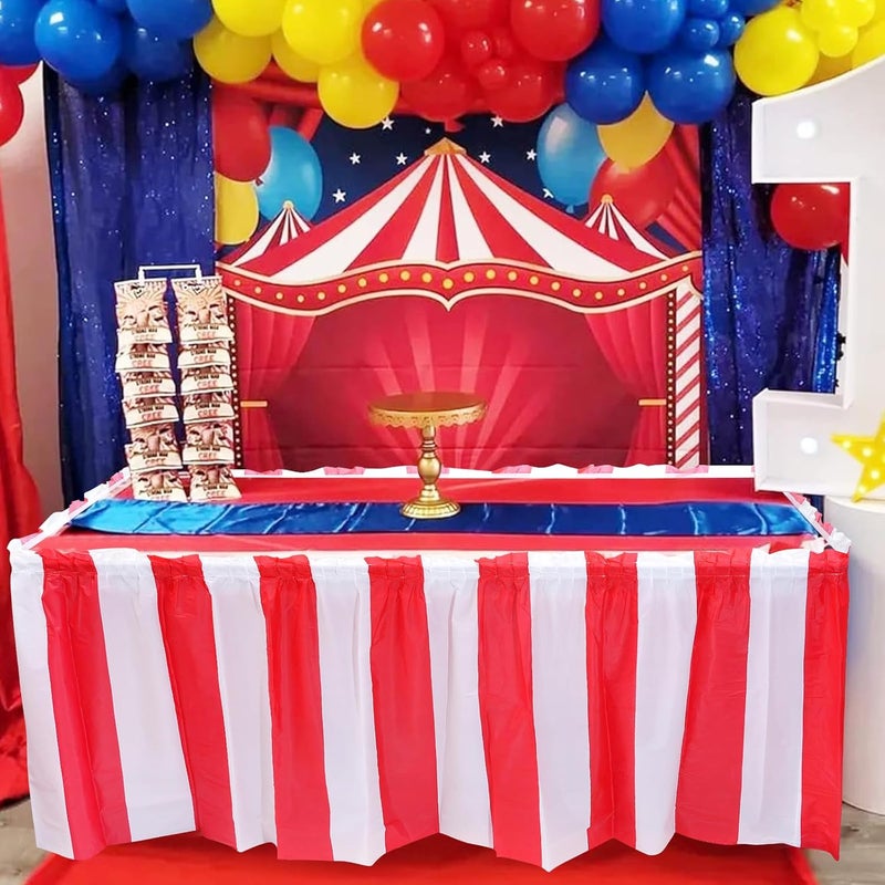 Pascliyna 6 Pack Carnival Table Skirt Party Decorations, Red and White Striped Table Skirts, Disposable Table Decorations for Concession Stand Carnival Circus Themed Party Supplies Decorations, 2.4 x 14 Ft - Image 4