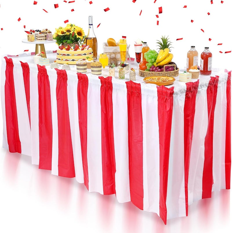 Pascliyna 6 Pack Carnival Table Skirt Party Decorations, Red and White Striped Table Skirts, Disposable Table Decorations for Concession Stand Carnival Circus Themed Party Supplies Decorations, 2.4 x 14 Ft - Image 1