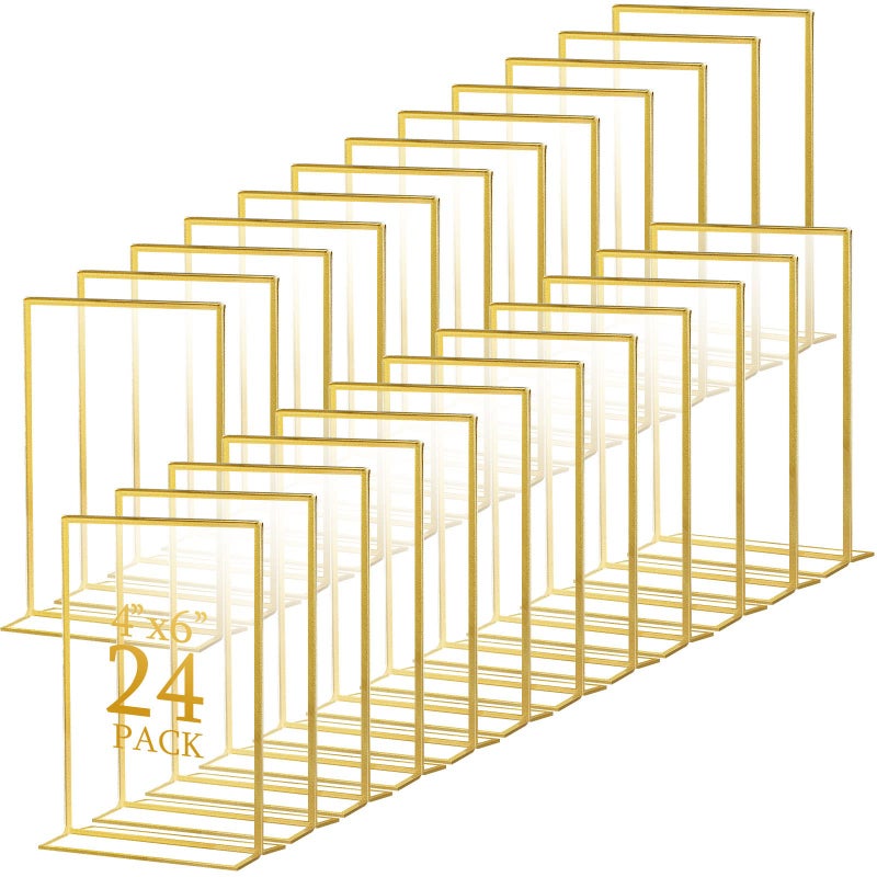 Hoteam 24 Pack Gold Acrylic Sign Holders Gold Picture Frame Clear Wedding Table Number Double Sided Acrylic Stand for Wedding Restaurant Photo Menu Art Event Display4 x 6 InchVertical