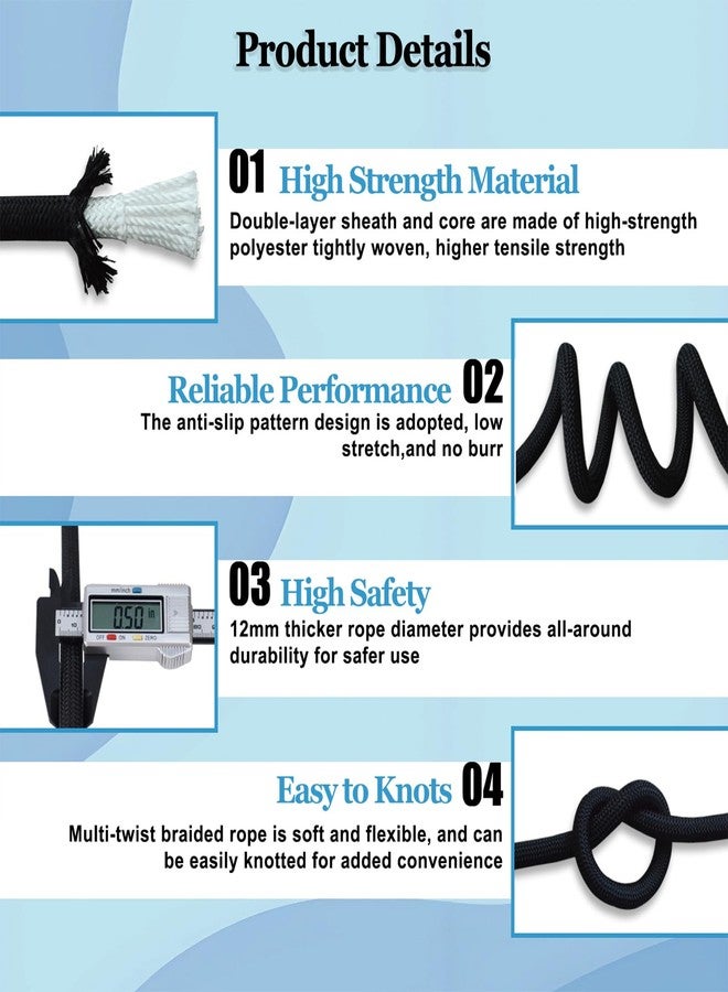 CRAYZA Double Braided Polyester Rope (1/2 in x 100 ft) Strong Arborist Rigging Rope 48 Strands for Climbing Tree Work Swing Pulling Sailing, Black - Image 3