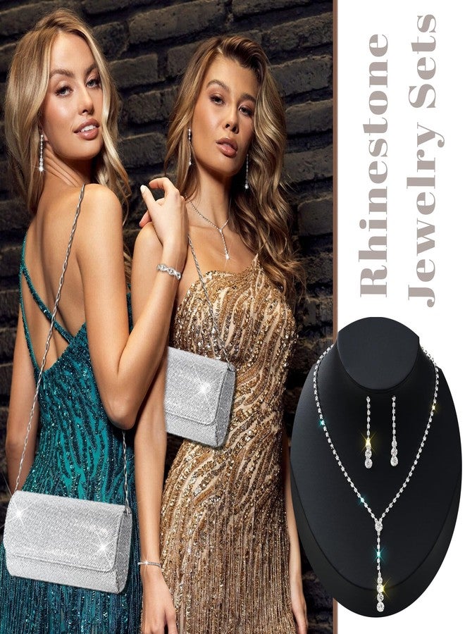 EIELO Purse Rhinestone Bridal Jewelry Sets for Women Clutch Purse Necklace Teardrop Earrings Bracelet Jewelry Sets for Wedding Bridal Bridesmaid Gifts Evening Party Prom Jewelry Set - Image 2