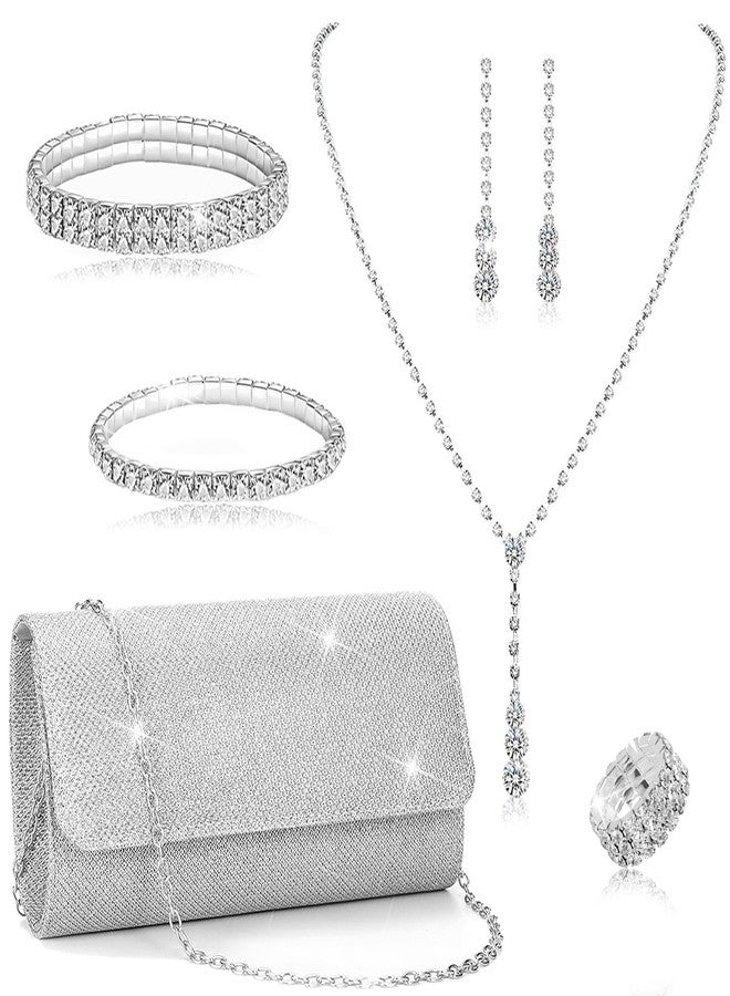 EIELO Purse Rhinestone Bridal Jewelry Sets for Women Clutch Purse Necklace Teardrop Earrings Bracelet Jewelry Sets for Wedding Bridal Bridesmaid Gifts Evening Party Prom Jewelry Set - Image 1
