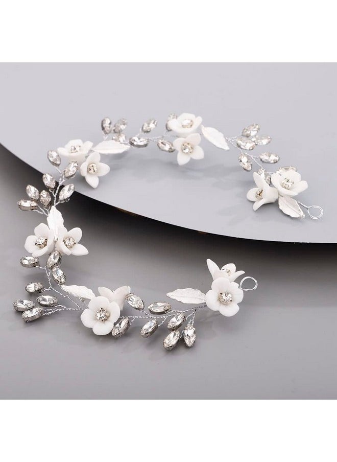 Chargances - Bride White Flower Headband Wedding Crystal Hair Vine Bridal Leaf Rhinestone Headpiece Handmade Hair Accessories For Women And Girls (Silver) - Image 1