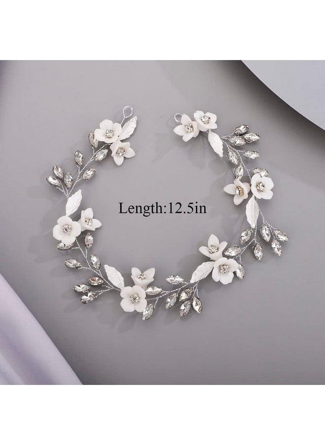 Chargances - Bride White Flower Headband Wedding Crystal Hair Vine Bridal Leaf Rhinestone Headpiece Handmade Hair Accessories For Women And Girls (Silver) - Image 1