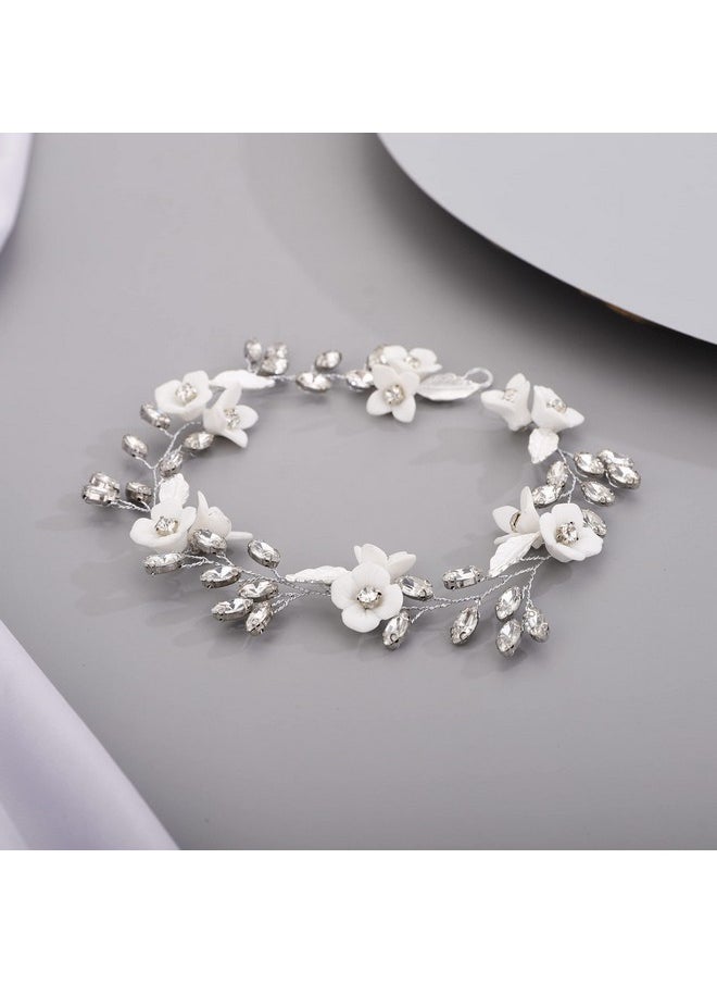 Chargances - Bride White Flower Headband Wedding Crystal Hair Vine Bridal Leaf Rhinestone Headpiece Handmade Hair Accessories For Women And Girls (Silver) - Image 1
