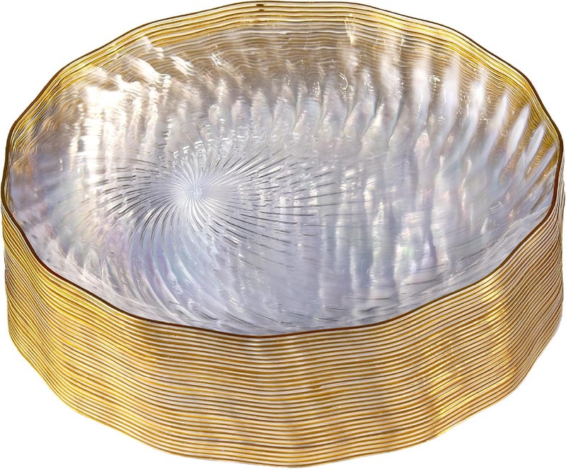 PLASTICPRO بلاستيك برو 30 حزمة أطباق بلاستيكية أنيقة 10 بوصة شفافة بحافة ذهبية بتصميم حلزوني أطباق عشاء بلاستيكية قابلة للتصرف - Image 1