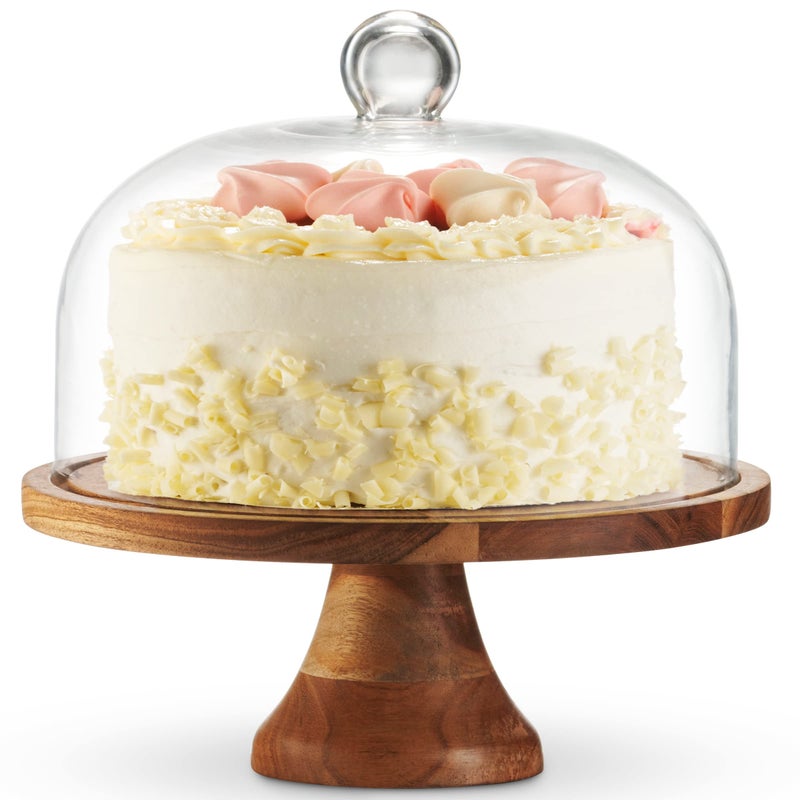 Godinger Cake Stand with Dome 2in1 Wooden Cake Plate Serving Tray with Glass Dome Cheese Board Home Decor Housewarming Gift