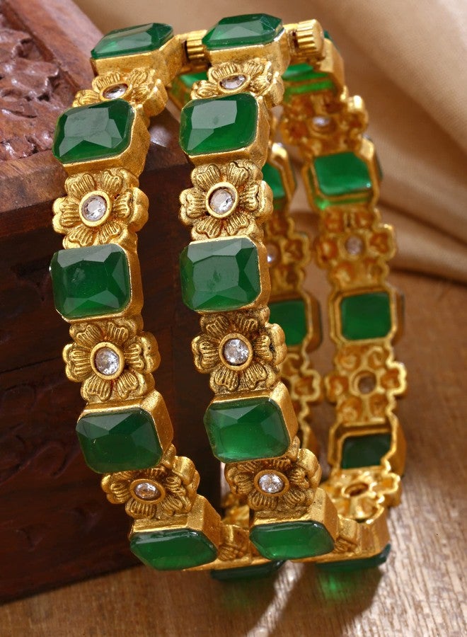 Karatcart Gold Plated Green Stone Studded Floral Rajwadi Temple Bangles Set for Women - Image 4