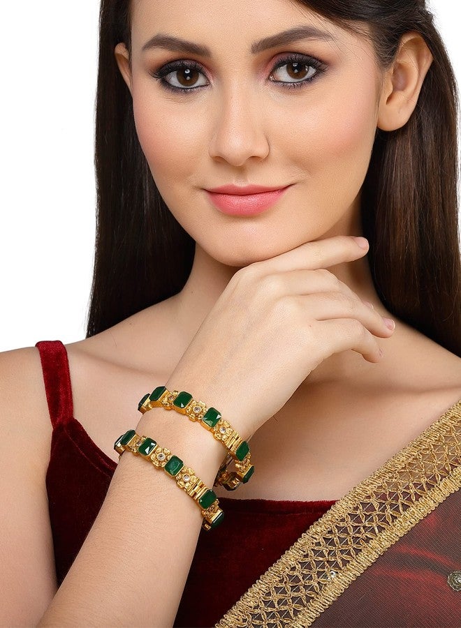 Karatcart Gold Plated Green Stone Studded Floral Rajwadi Temple Bangles Set for Women - Image 3