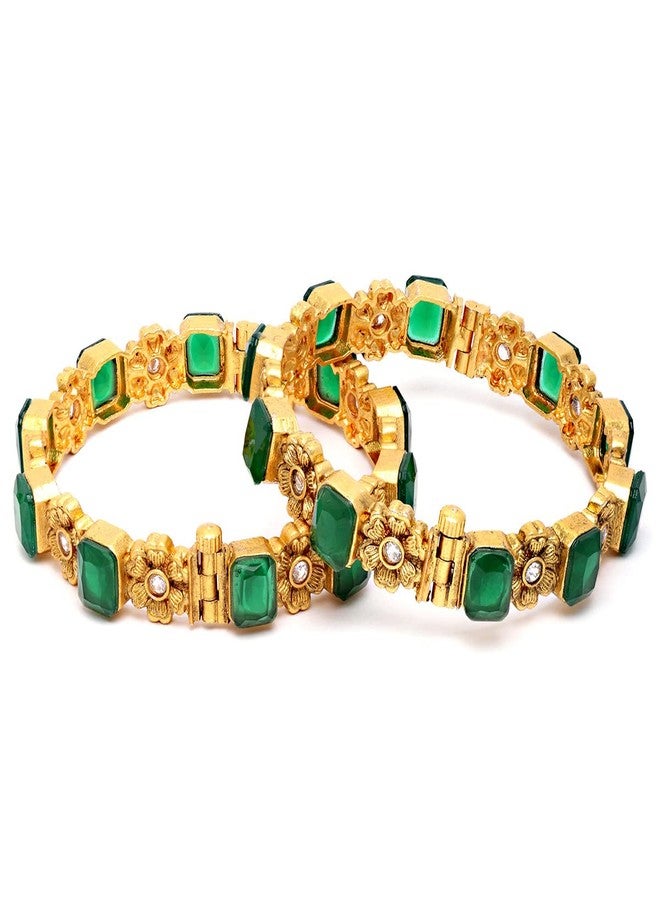 Karatcart Gold Plated Green Stone Studded Floral Rajwadi Temple Bangles Set for Women - Image 1