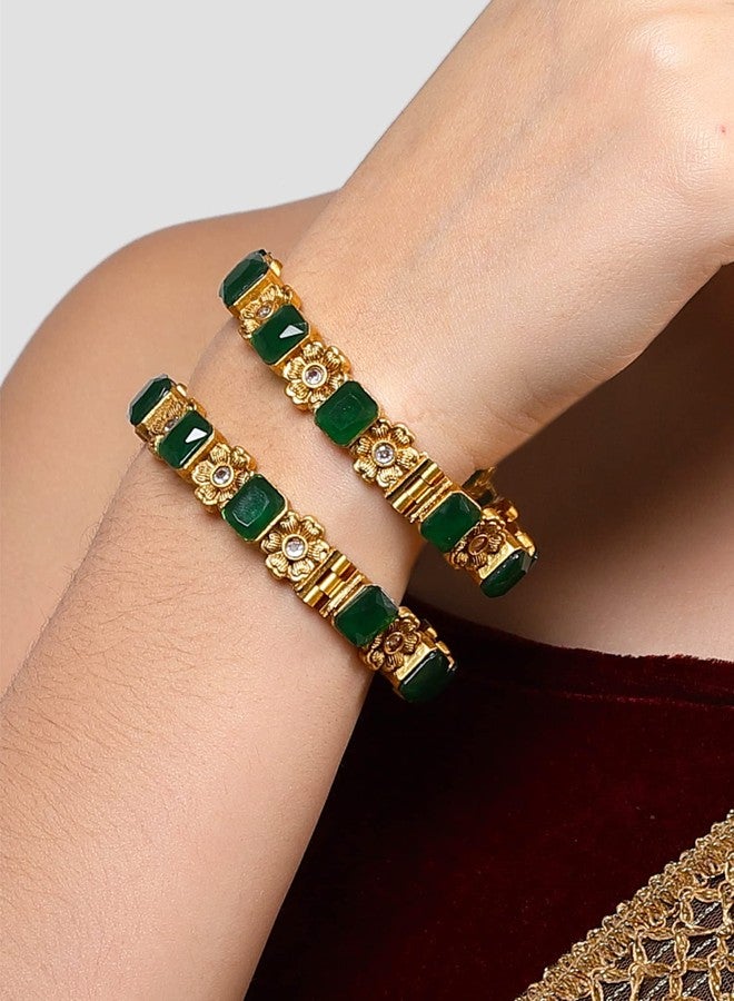 Karatcart Gold Plated Green Stone Studded Floral Rajwadi Temple Bangles Set for Women - Image 2