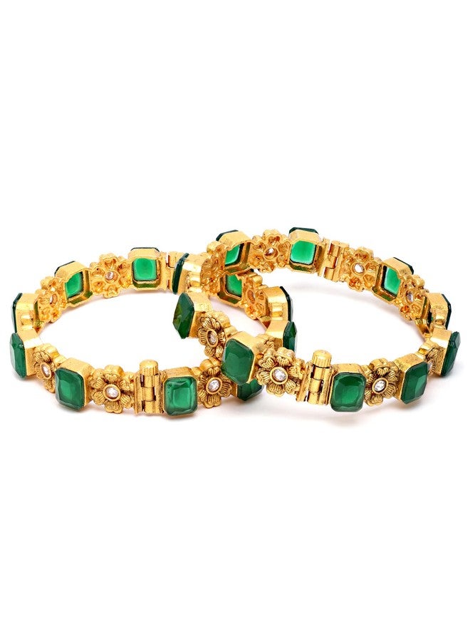 Karatcart Gold Plated Green Stone Studded Floral Rajwadi Temple Bangles Set for Women - Image 5