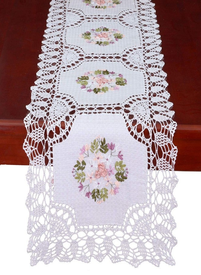 Grelucgo Handmade Crochet Cotton Lace Table Runner Dresser Scarf, Ribbon Embroidery (17 x 56 inches) - Image 1