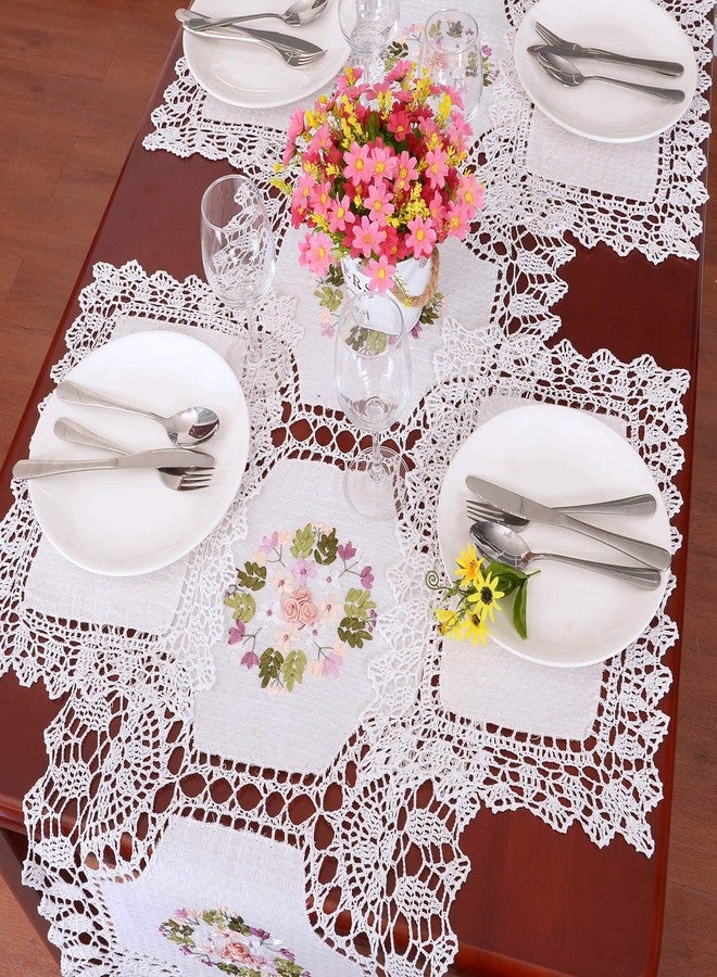 Grelucgo Handmade Crochet Cotton Lace Table Runner Dresser Scarf, Ribbon Embroidery (17 x 56 inches) - Image 3