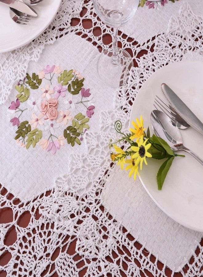 Grelucgo Handmade Crochet Cotton Lace Table Runner Dresser Scarf, Ribbon Embroidery (17 x 56 inches) - Image 2