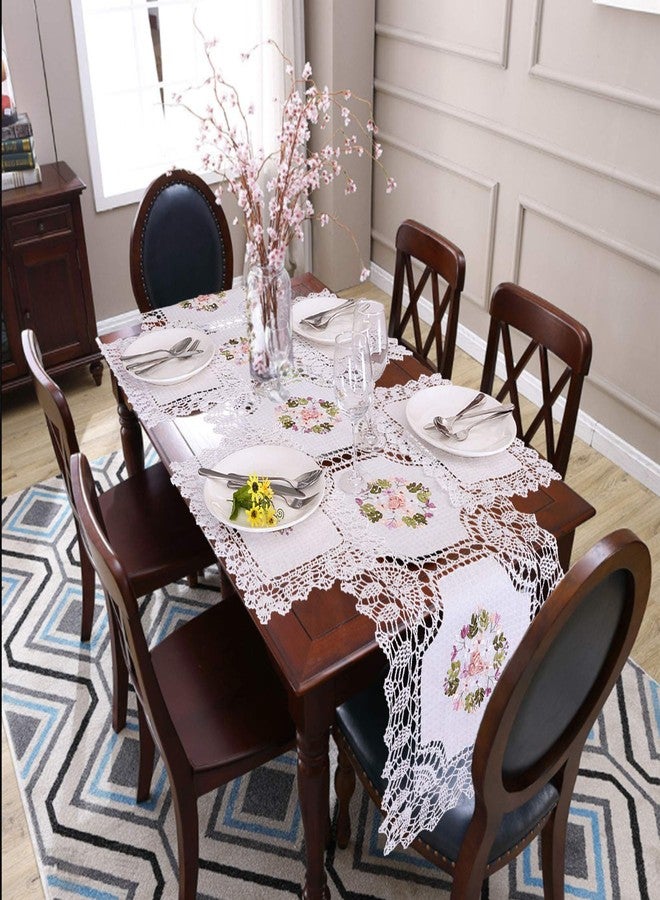 Grelucgo Handmade Crochet Cotton Lace Table Runner Dresser Scarf, Ribbon Embroidery (17 x 56 inches) - Image 4