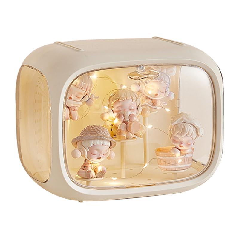 WMM Display case for Figures with Light Adjustable Display Stand Clear Acrylic Display Box with Door Dust and Moisture Proof Suitable for Lego Collectibles Action Figures Pop Mart (Cream) - Image 1