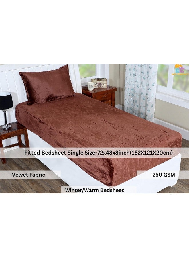 RD TREND 250 GSM Flannel Elastic Warm bedsheets for Winter Single Fitted Size (72x48x8 Inches) with 1 Pillow Cover Size (18x28 Inches) Color- Coffee, Solid - Image 2