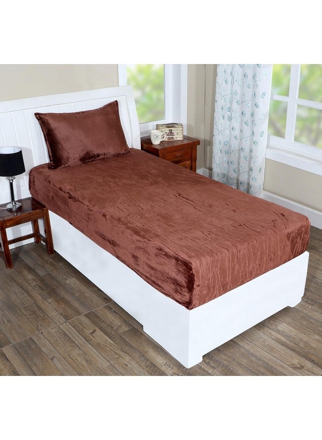 RD TREND 250 GSM Flannel Elastic Warm bedsheets for Winter Single Fitted Size (72x48x8 Inches) with 1 Pillow Cover Size (18x28 Inches) Color- Coffee, Solid - Image 1
