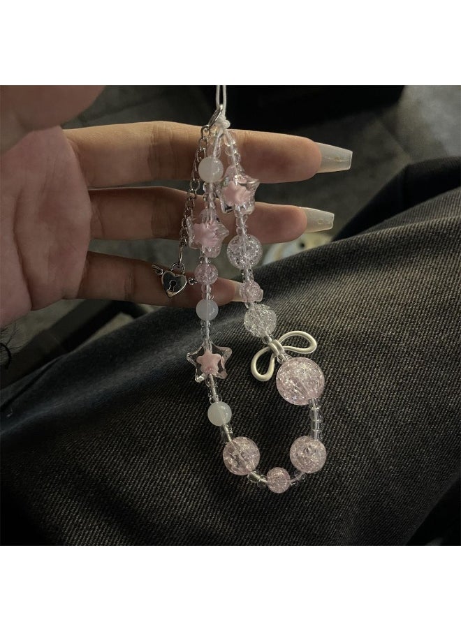 NIBEMINENT Beaded Phone Lanyard, Anti Lost Removable Wrist Strap,Young Girl Pink Flowers Bracelet Pendant, Phone Keychain Lanyard 