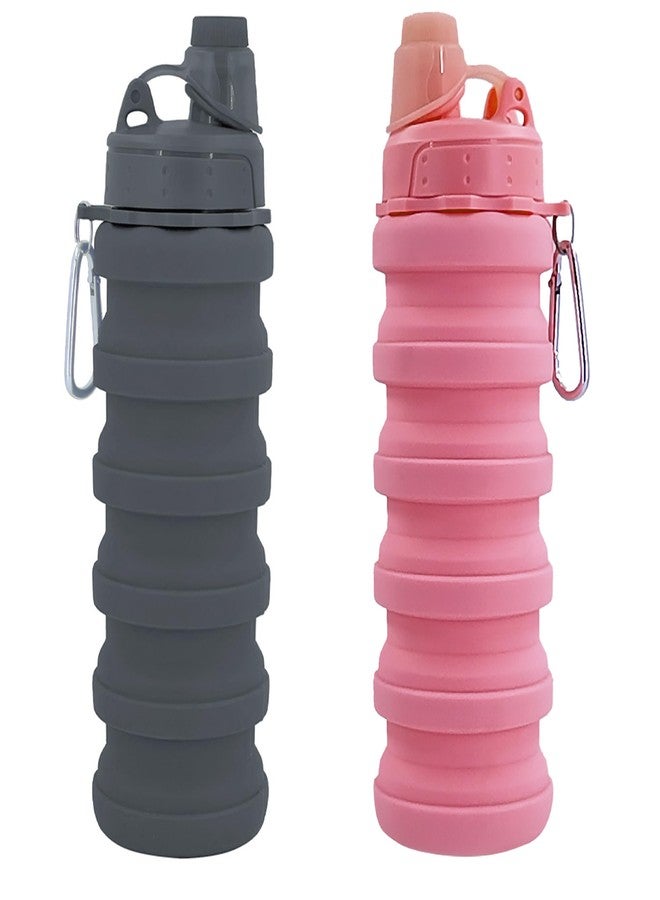 YCTMALL Collapsible Water Bottles Two Pack Travel Sports Portable Sport Water Bottle comes with mountaineering Buckle 500ml silicone Water-proof camping water bottle (Pink and Grey Color) - Image 1