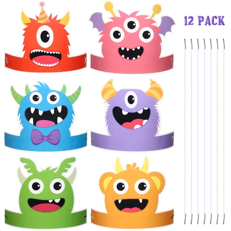 Aoriher 12 Pcs Monster Paper Hats Party Headbands Monster Themed Birthday Party Supplies Baby Shower Favors Dress Costume for Boys Girls Kids Supplies Cosplay Props 6 Styles - Image 2