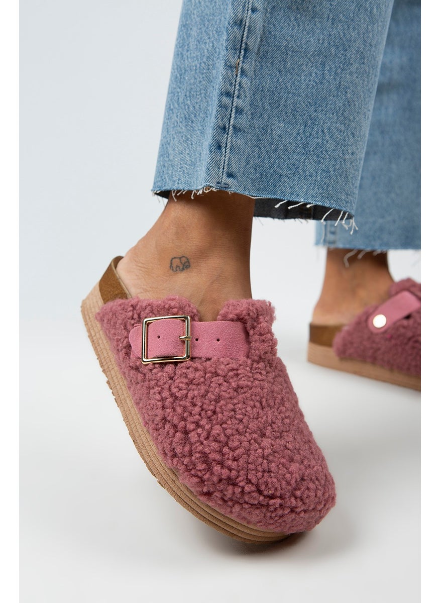 Manijero Juno Women's Textile Fur Leather Belted Buckle Lilac Slippers  - Image 4
