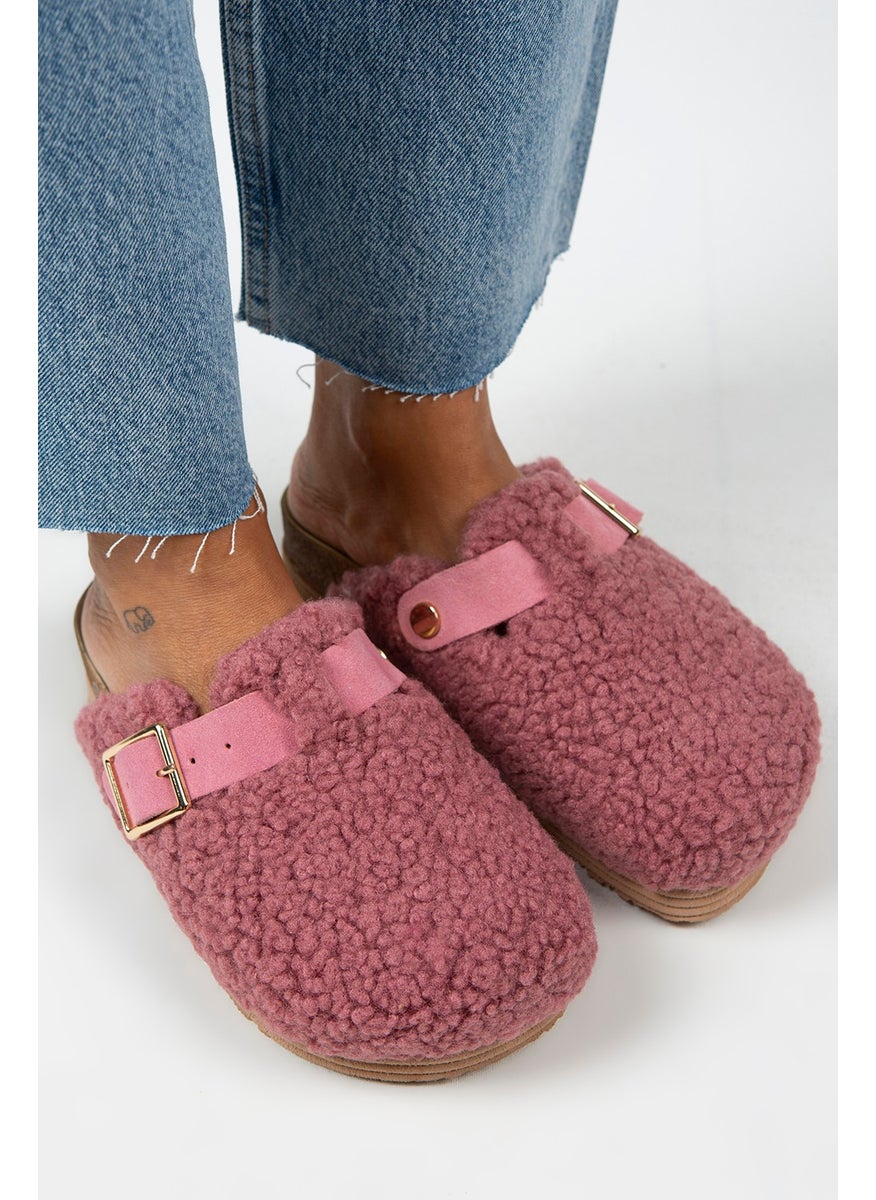 Manijero Juno Women's Textile Fur Leather Belted Buckle Lilac Slippers  - Image 5