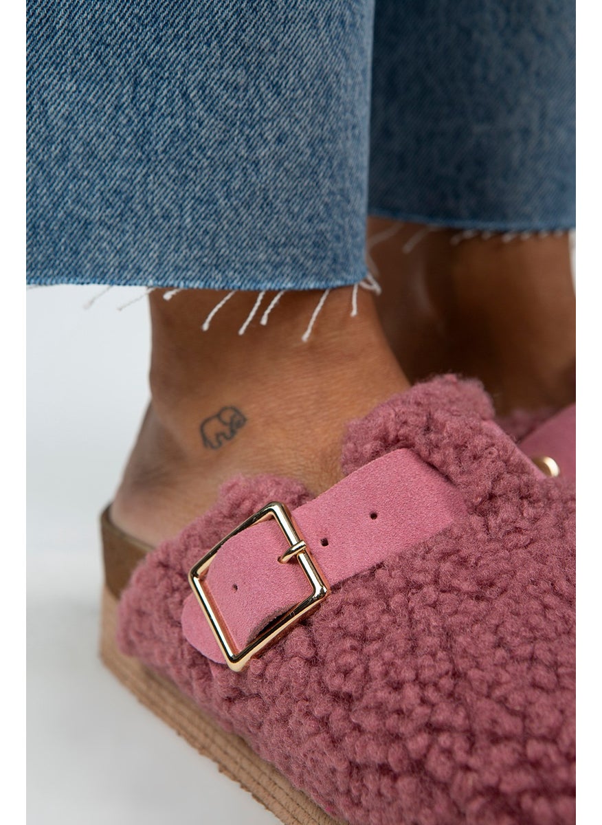 Manijero Juno Women's Textile Fur Leather Belted Buckle Lilac Slippers  - Image 3