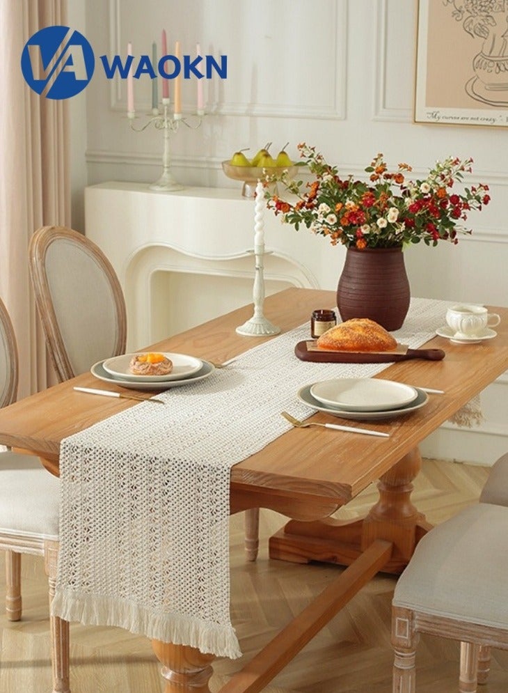 دبليو أيه أو كي أن مفرش طاولة كروشيه بوهو للديكور المنزلي مع شرابات مفرش طاولة ريفي طويل من قماش المكرمية الكريمي الخيش لتزيين طاولة الخريف لغرفة المعيشة وحفلات الزفاف 33 × 240 سم - Image 1