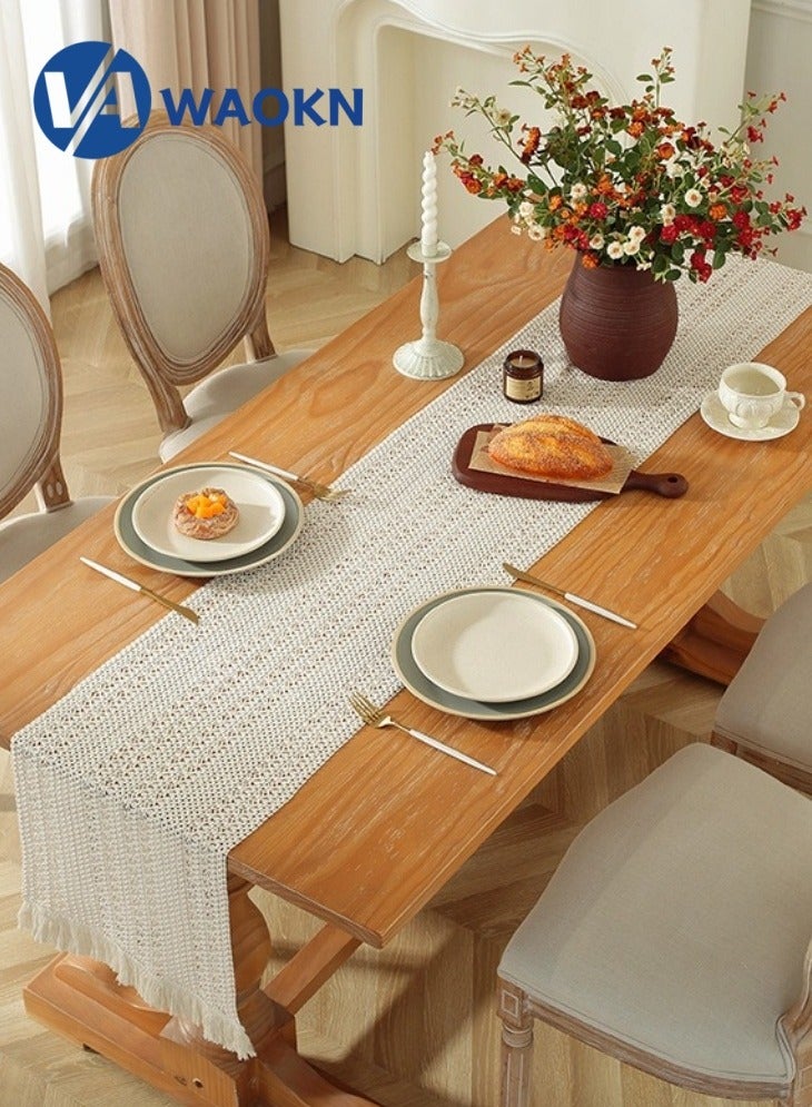 دبليو أيه أو كي أن مفرش طاولة كروشيه بوهو للديكور المنزلي مع شرابات مفرش طاولة ريفي طويل من قماش المكرمية الكريمي الخيش لتزيين طاولة الخريف لغرفة المعيشة وحفلات الزفاف 33 × 240 سم - Image 2
