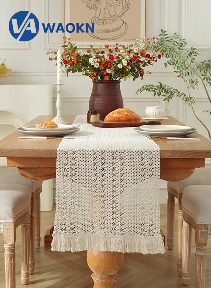 دبليو أيه أو كي أن مفرش طاولة كروشيه بوهو للديكور المنزلي مع شرابات مفرش طاولة ريفي طويل من قماش المكرمية الكريمي الخيش لتزيين طاولة الخريف لغرفة المعيشة وحفلات الزفاف 33 × 240 سم - Image 3