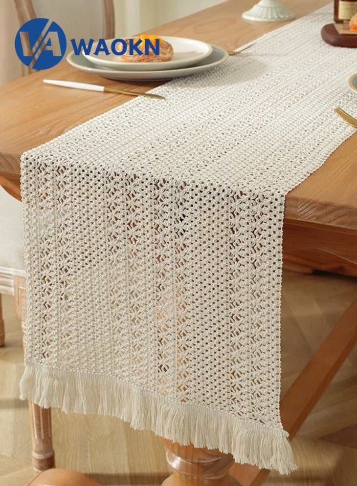 دبليو أيه أو كي أن مفرش طاولة كروشيه بوهو للديكور المنزلي مع شرابات مفرش طاولة ريفي طويل من قماش المكرمية الكريمي الخيش لتزيين طاولة الخريف لغرفة المعيشة وحفلات الزفاف 33 × 240 سم - Image 4
