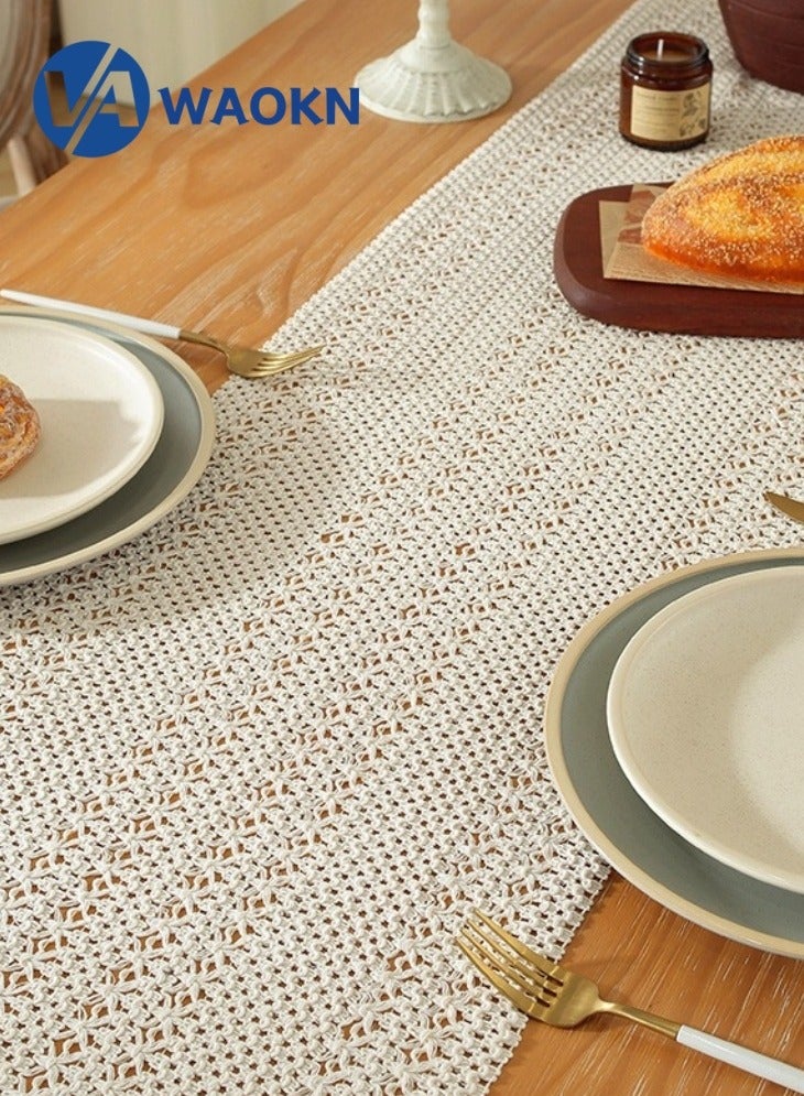 دبليو أيه أو كي أن مفرش طاولة كروشيه بوهو للديكور المنزلي مع شرابات مفرش طاولة ريفي طويل من قماش المكرمية الكريمي الخيش لتزيين طاولة الخريف لغرفة المعيشة وحفلات الزفاف 33 × 240 سم - Image 5