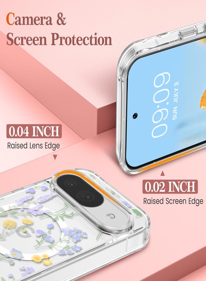 RALEAVO Magnetic Case for Google Pixel 10/10 Pro, Compatible with Magsafe Clear Floral Shockproof Hard PC Case, Girly Slim Protective Bumper Cover with Flower Patterns for Pixel 10 Pro/10-Lavender - Image 3