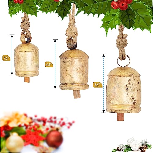 ANNA HOME Vintage Rustic Cow Bell Christmas Bell Set Shabby Chic Holiday Decor Set of 3 Bells in Various Sizes Create a Festive Ambiance and Invite Good Luck Medium 35 45 55 H - Image 3