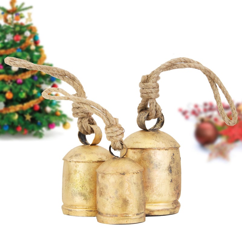 ANNA HOME Vintage Rustic Cow Bell Christmas Bell Set Shabby Chic Holiday Decor Set of 3 Bells in Various Sizes Create a Festive Ambiance and Invite Good Luck Medium 35 45 55 H - Image 2