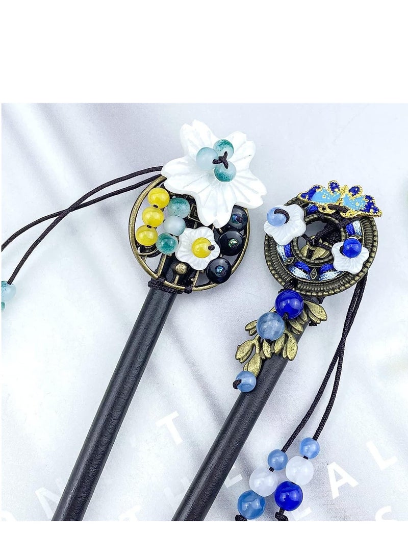 4 Pcs Retro Chinese Wooden Hair Sticks, Vintage Hairpins with Butterfly and Flower Design, Classic Hair Chopsticks for Long Hair Women
